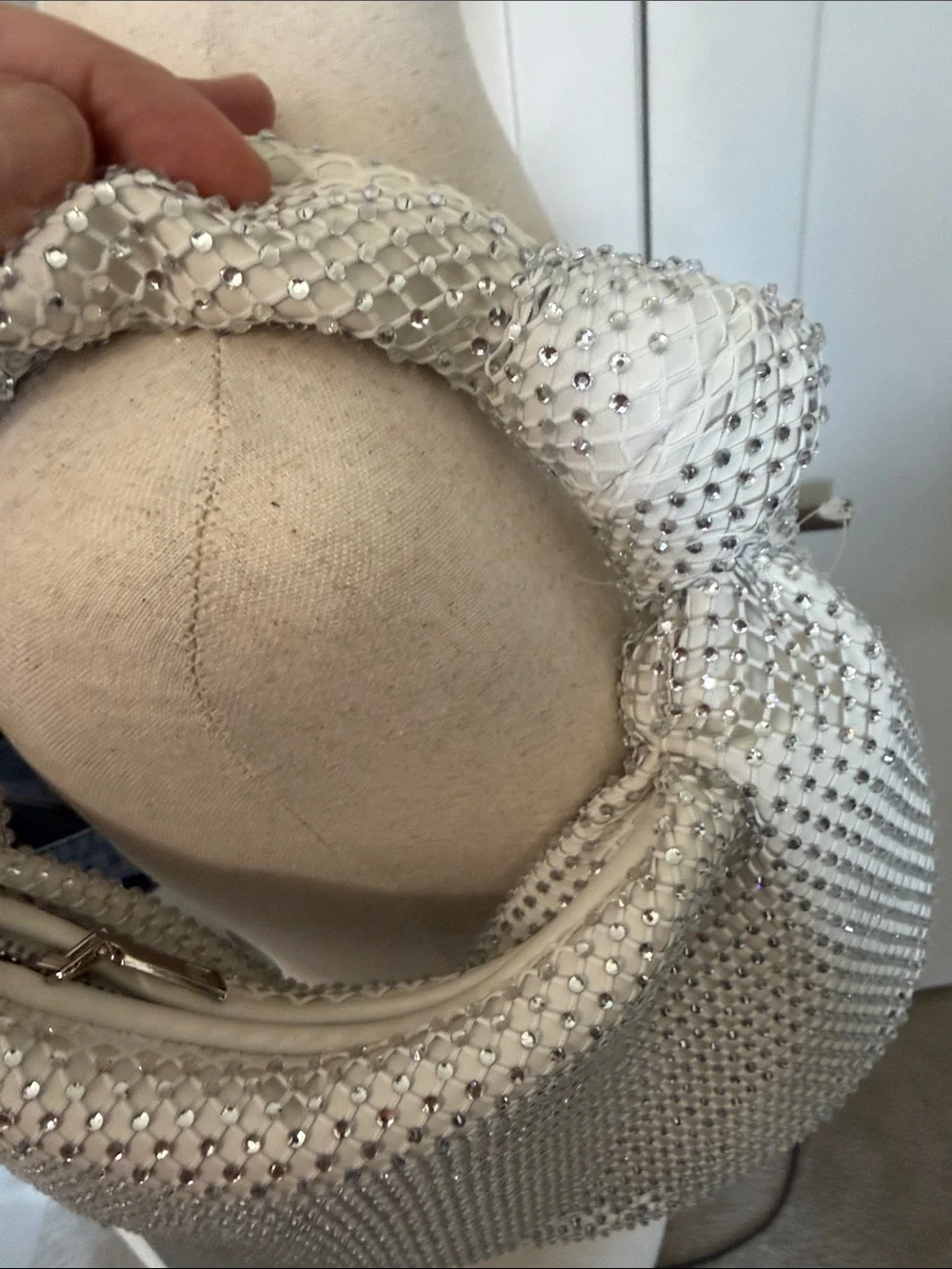 Crystal-Embellished White Hobo Bag